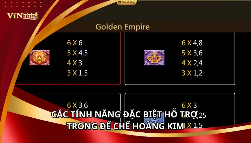 Đế Chế Hoàng Kim Vin777: Các Biểu Tượng Và Tỷ Lệ Thưởng 7 Các tính năng đặc biệt hỗ trợ trong Đế Chế Hoàng Kim